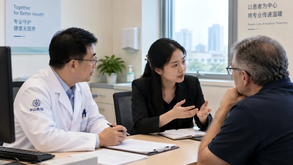 Medical interpreter supporting an international patient during a hospital consultation in China