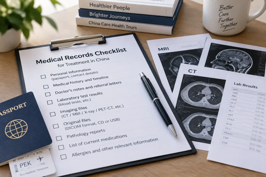Medical records checklist for an international patient seeking treatment in China