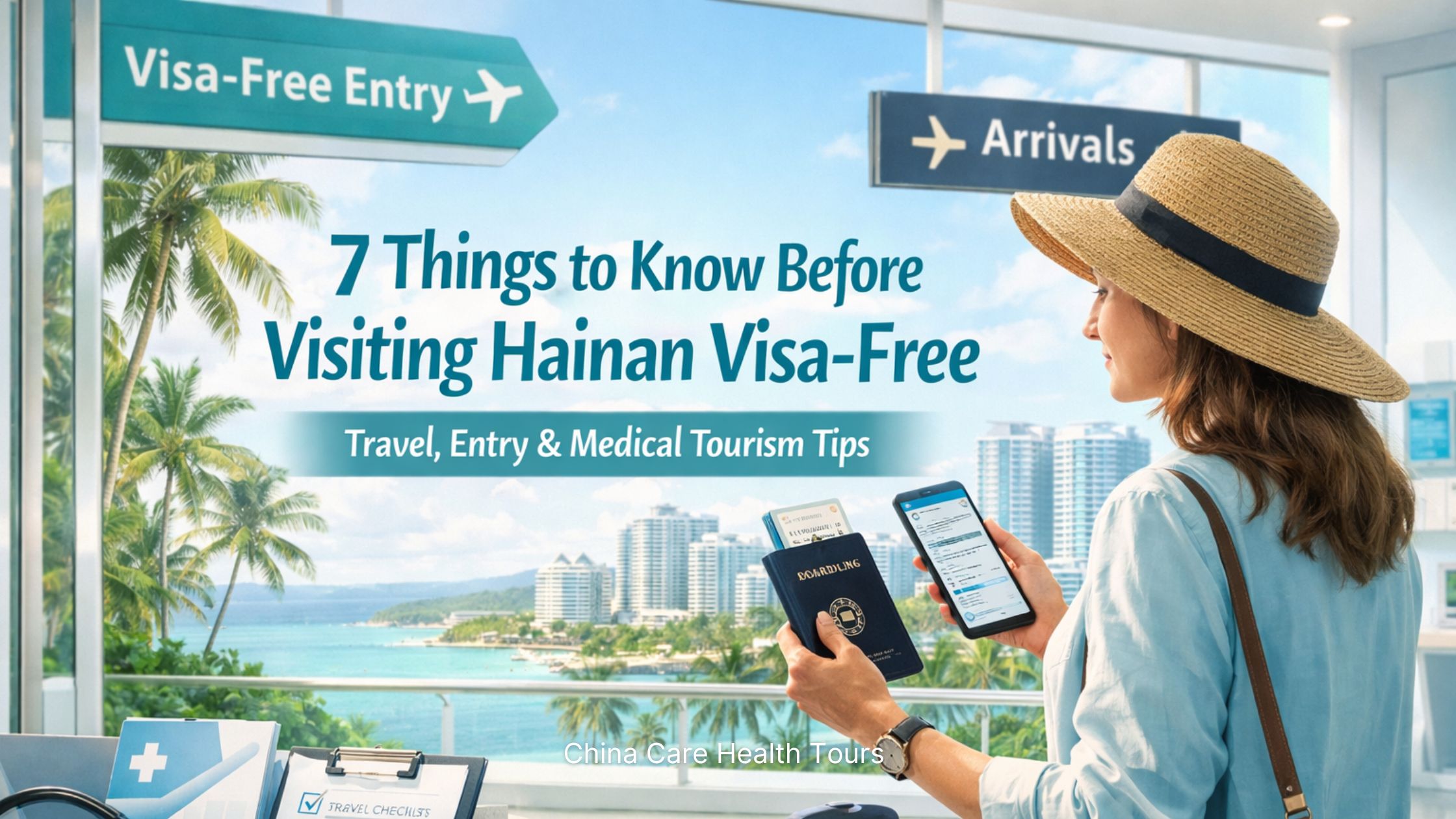 Featured image showing an international traveler in Hainan with passport and phone in front of a modern medical clinic and tropical coastal city background.