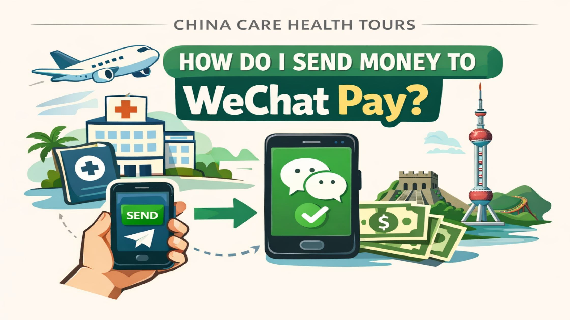 International patient using WeChat Pay on a smartphone to settle medical bills at a Chinese hospital; a guide for travelers from US, Singapore, Malaysia, Canada, and the UK.