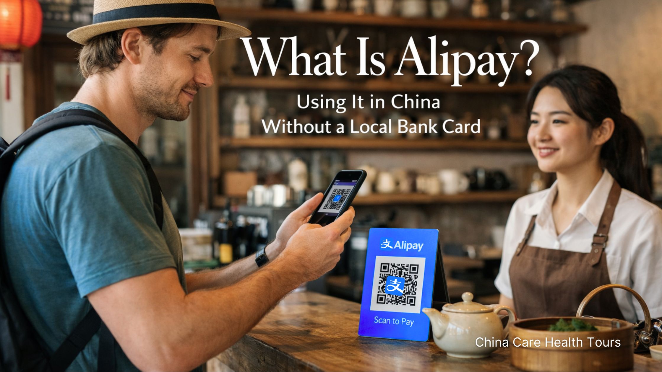 Foreigner using the Alipay app to scan a QR code at a Chinese hospital registration desk in 2026.