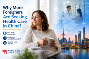 International patient receiving advanced medical care in China with modern hospital technology and city skyline, representing medical tourism for full body check-ups and cancer treatment.