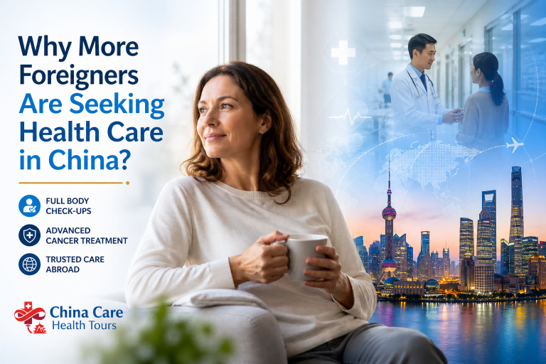 International patient receiving advanced medical care in China with modern hospital technology and city skyline, representing medical tourism for full body check-ups and cancer treatment.