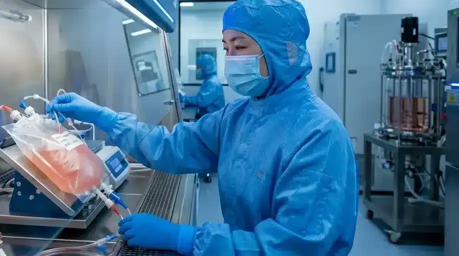 CAR-T cell preparation in a Guangzhou oncology laboratory — GMP-certified manufacturing infrastructure is a key criterion when evaluating hospitals
