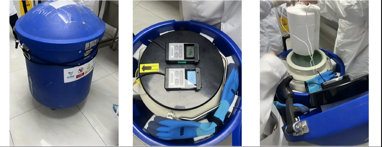 Liquid nitrogen dewar used to transport CAR-T cells to hospital — temperature-monitored cryogenic delivery at a China Care partner hospital