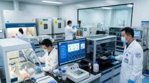 CAR-T cell therapy laboratory at Chinese oncology hospital with scientists working on biotech equipment
