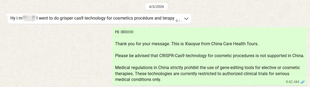 China Care founder Xiaoyue Peng responding to patient inquiry via WhatsApp —medical coordination service for foreigners in China