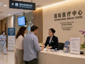 International patients checking in at Chinese hospital International Medical Center reception —medical tourism China