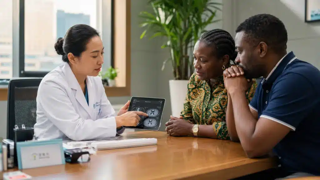 International patient consultation at a Guangzhou hospital with English-speaking medical coordinator and bilingual navigator