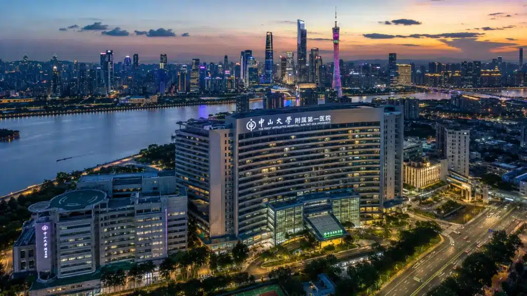 Guangzhou medical district skyline — Tianhe CBD and hospital campuses accessible from Baiyun International Airport via direct flights
