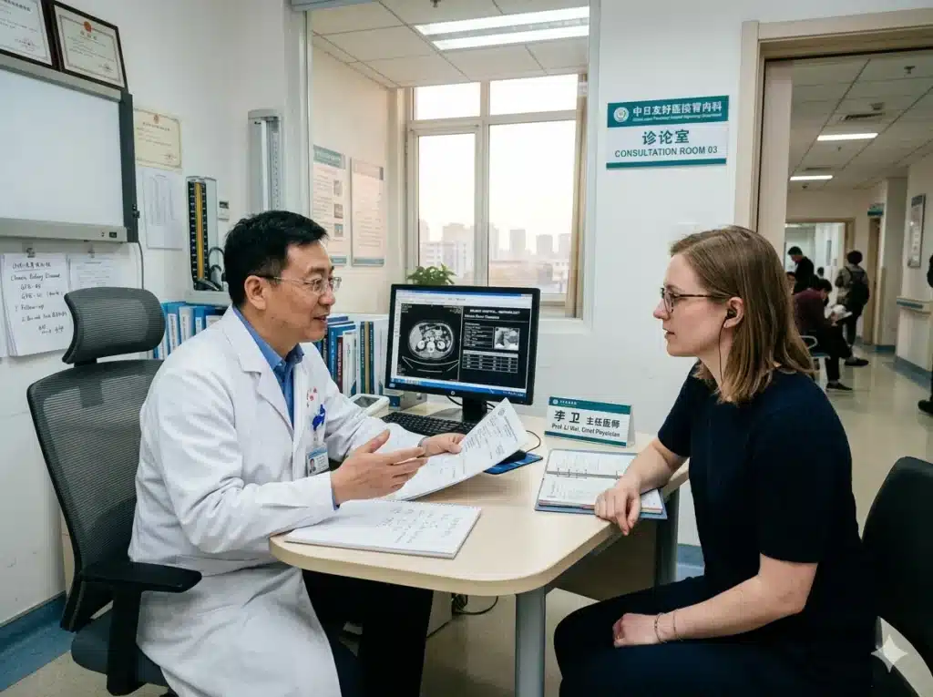 International patient in consultation at a Chinese nephrology center — stem cell therapy for diabetic kidney disease coordination at a Beijing or Guangzhou hospital