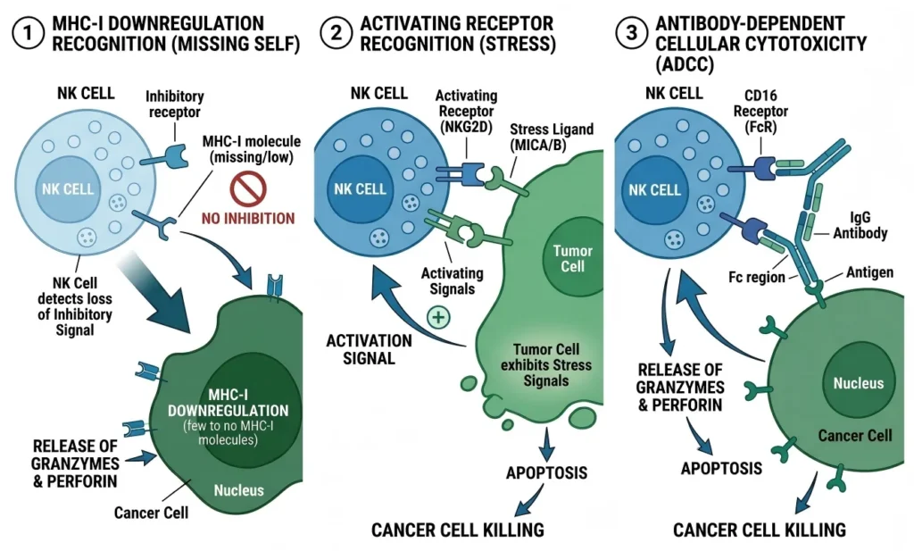 NK cell mechanism attacking cancer cell — MHC-I downregulation recognition, activating receptors, and ADCC pathway diagram