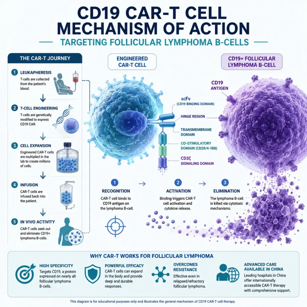 CAR-T therapy for follicular lymphoma in China - hematology ward with international patient receiving cellular immunotherapy infusion, 2026