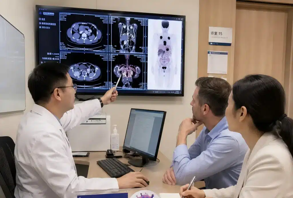 Hematology consultation for international lymphoma patient in China - doctor reviewing scans with patient and medical tourism coordinator