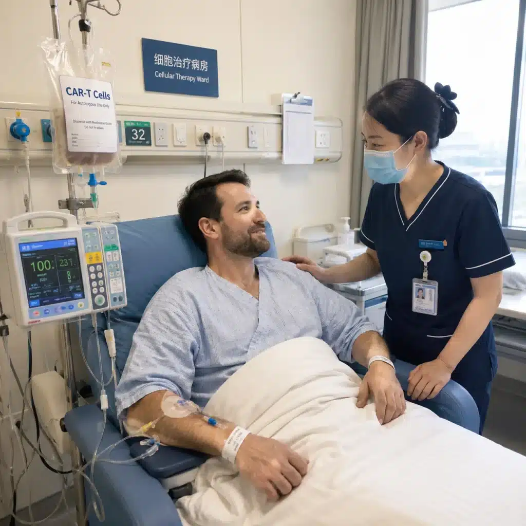 CAR-T lymphoma infusion procedure in China hospital - nurse monitoring international patient during cellular therapy administration