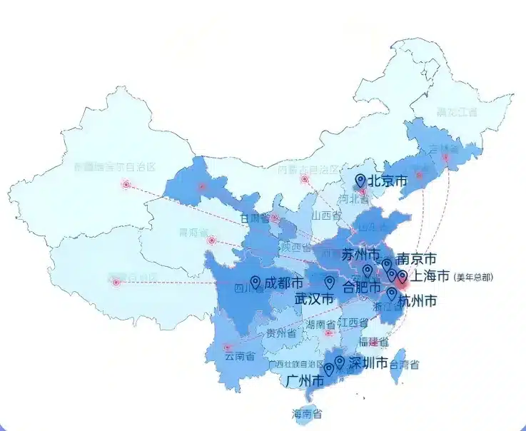 Map illustration of Meinian Onehealth's 500+ locations across 200+ cities in China — Meinian Onehealth locations