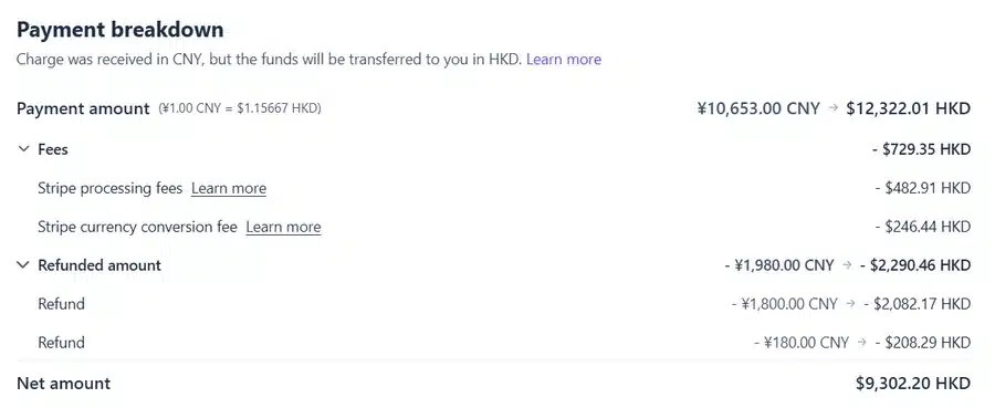 Example of a completed refund processed via Stripe
