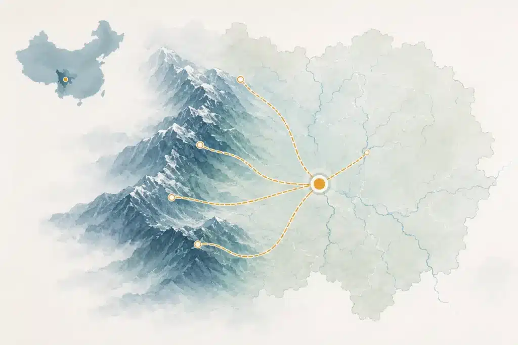 Chengdu travel hub map showing a route toward higher-altitude western Sichuan - Chengdu hospitals for foreigners.