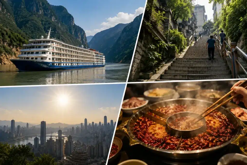 Illustration of Chongqing visitor health risks: a Yangtze cruise, mountain stairs, summer heat, and hotpot.